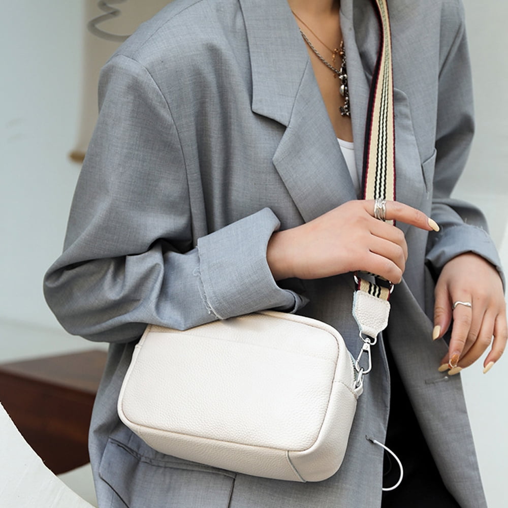 Crossbody Bag for Women Leather Wide Strap Shoulder Bag Purse Trendy Crossbody Purse Top Zip, 25*16*8cm - white