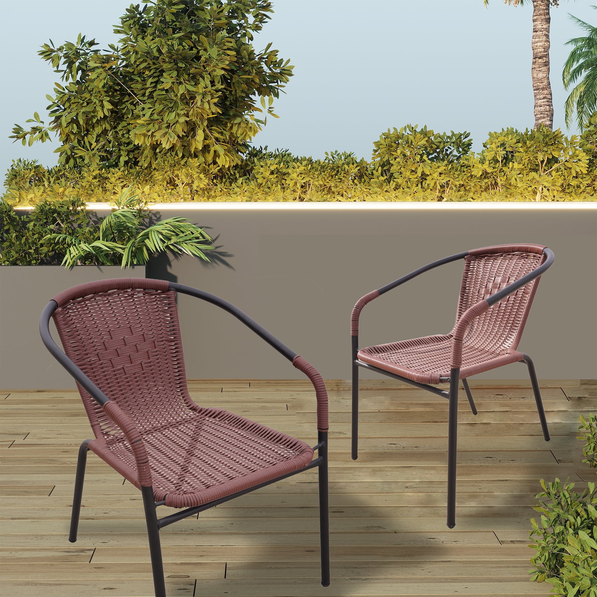 RTC Group Furniture Stackable Rattan Dining Chair, Set of 4 for Indoor/Outdoor Patio Restaurant, Porch, Backyard Dark Brown