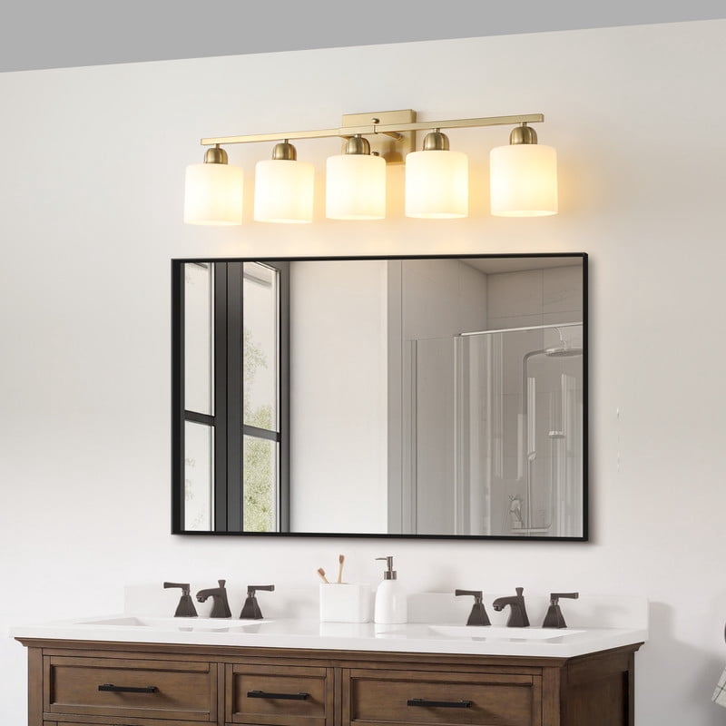 31.5" Gold Bathroom Vanity Light Fixture – 5-Light Modern Wall Sconce with Frosted Glass Shades, E26 Socket (Bulbs Not Included)