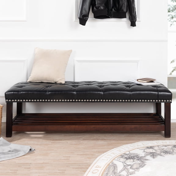 FFZ 60"L Upholstered Bench with Birch Legs and PU Seat, Black