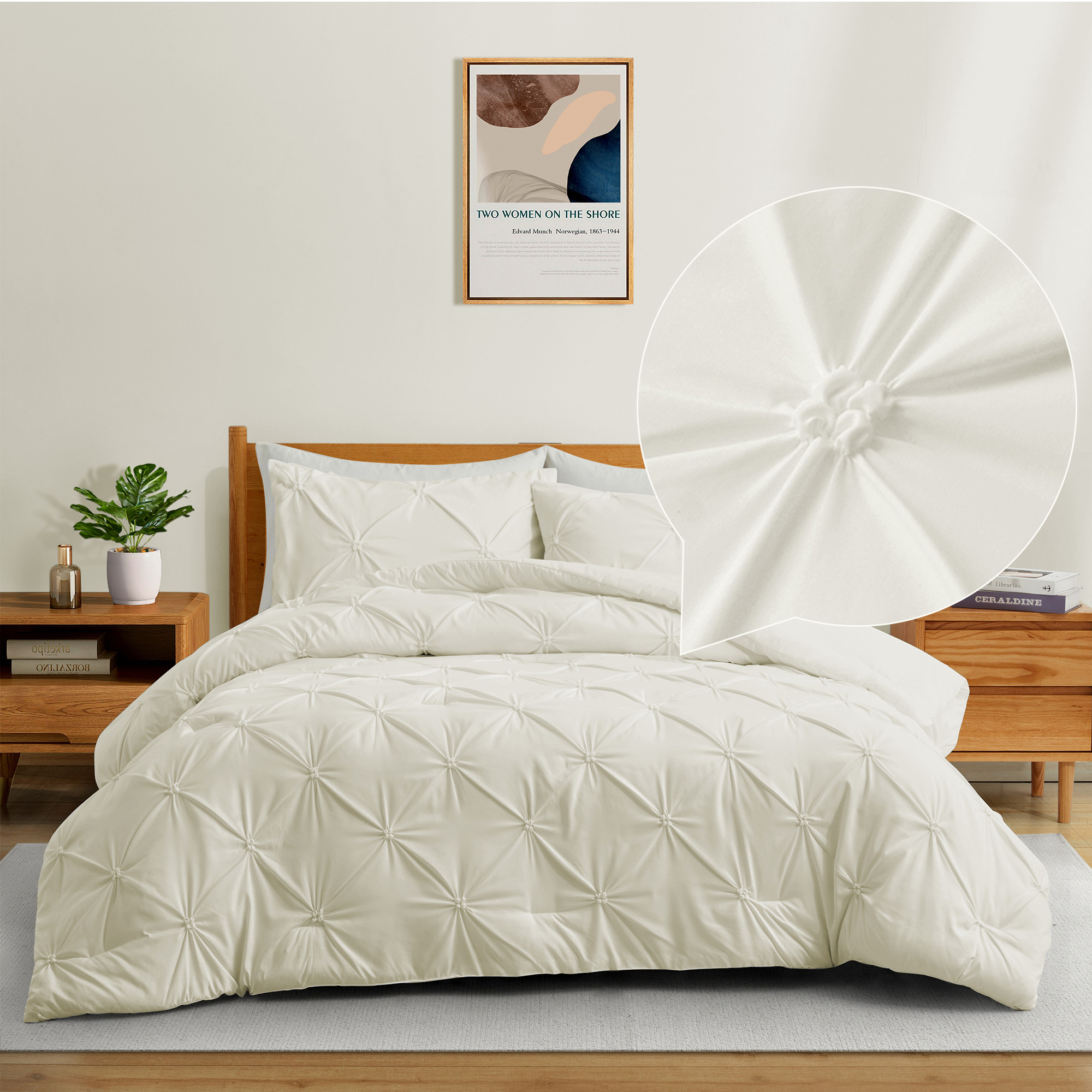 Peace Nest 3-Piece All Season Pinch Pleated Comforter Set, Cream, King - image 2 of 6