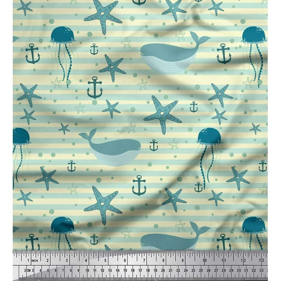 Soimoi Yellow Cotton Voile Fabric Whale & Starfish Ocean Printed Fabric 1 Yard 58 Inch Wide
