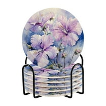 6 Pcs Purple Flowers Drink Coasters with Holder Absorbent Coaster Sets Cup Heat-Resistant Hot Pads Mats for Bar Table Protection