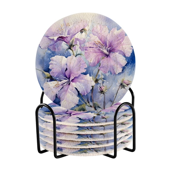6 Pcs Purple Flowers Drink Coasters with Holder Absorbent Coaster Sets Cup Heat-Resistant Hot Pads Mats for Bar Table Protection