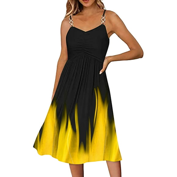 snowsong Summer Dress,Sundresses for Women Summer Dresses Printing Sleeveless V Neck Spaghetti Strap A Line Fashion Sundresses Casual Dress Beach Dress,Casual Dresses,Sexy Dresses Yellow Dress M