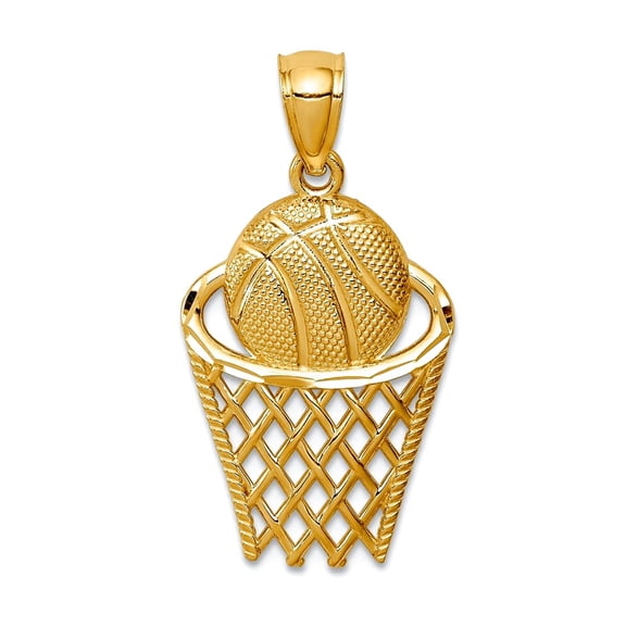 14k Solid Yellow Gold Basketball In Hoop Pendant Necklace 25.5x13.5mm Wide Pendant for Women
