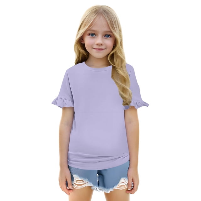 Mgmyaa T-Shirt à Manches Courtes pour Filles, Manches à Volants Mignonnes, Col Rond, Blouse d'Été Décontractée