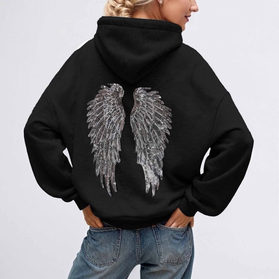 FASHOFT Sequin Angel Wings Hoodies for Women Trendy Long Sleeve Hooded Baggy Sweatshirt with Pocket Drawstring Y2K Sweat Pullover Tops Black XXXL