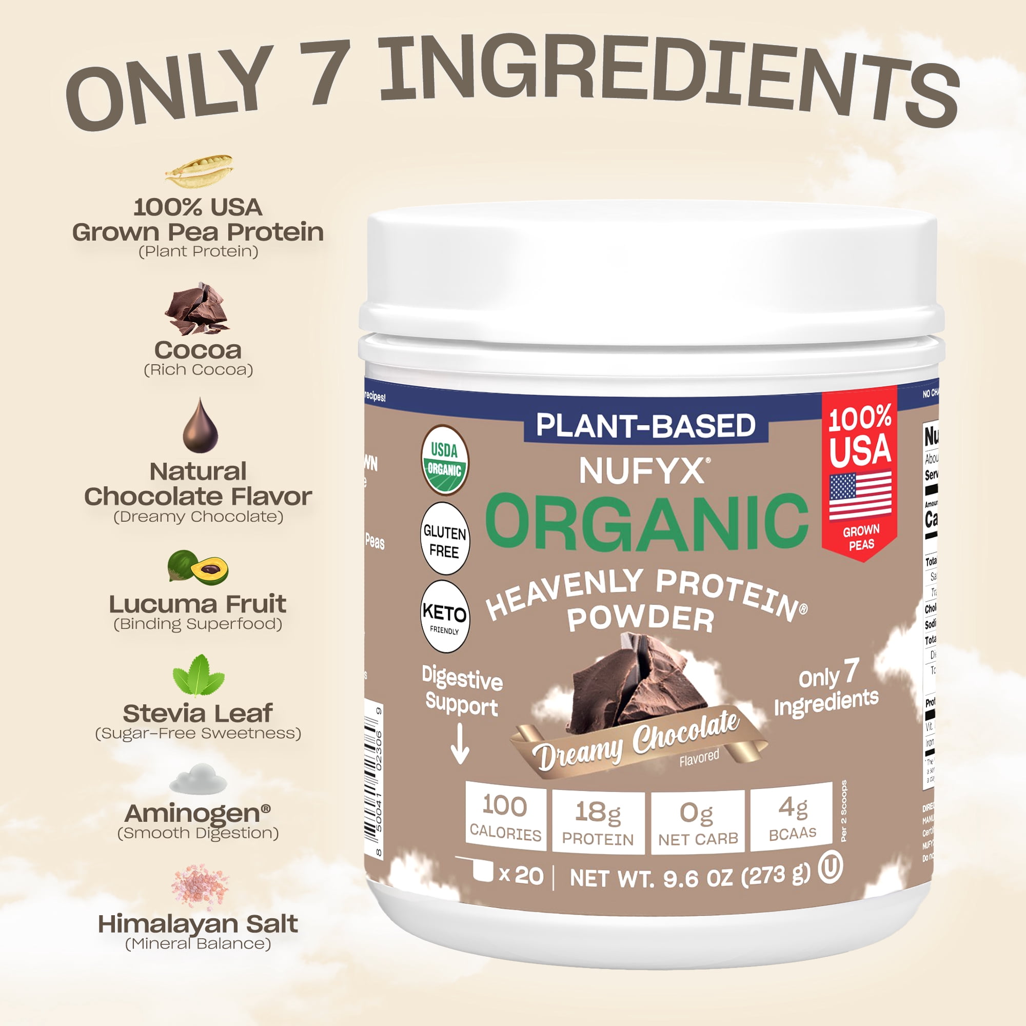 NUFYX Family Owned Organic Plant-Based Protein, Dreamy Chocolate, 18g Protein per 100 Calories, USA Grown Peas