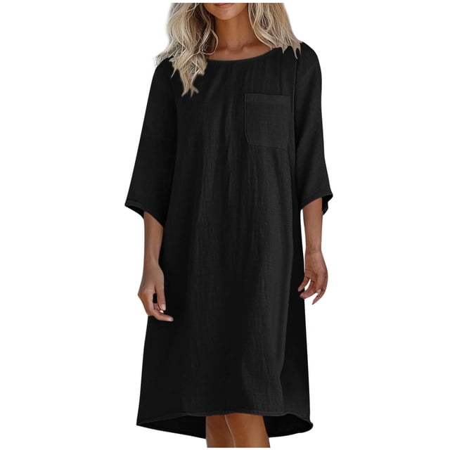 Liquidation d'Été 2025! Robe Grande Taille pour Femmes, Liquidation de Robe d'Été pour Femmes, Mode Décontractée d'Été pour Femmes Col Rond Manches 3/4 Robes de Plage Unies avec Poches