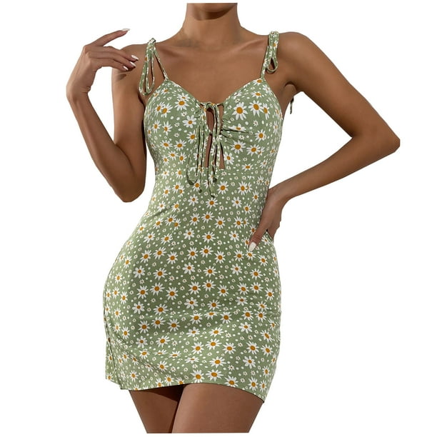 Vestido sin mangas floral con espalda abierta y lazo estampado a media cintura con tirantes a la moda para mujer Pompotops ghjkhdj2216