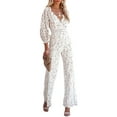 thumbnail image 1 of hirigin Women Wide Leg Jumpsuit Solid Color Long Sleeve V Neck Floral Lace Romper Nightclub Wear Streetwear, 1 of 9