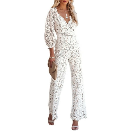 

Ma&Baby Women Elegant One-Piece Jumpsuit Long Sleeve Lace Floral V-Neck Wide Leg Rompers Bodysuit