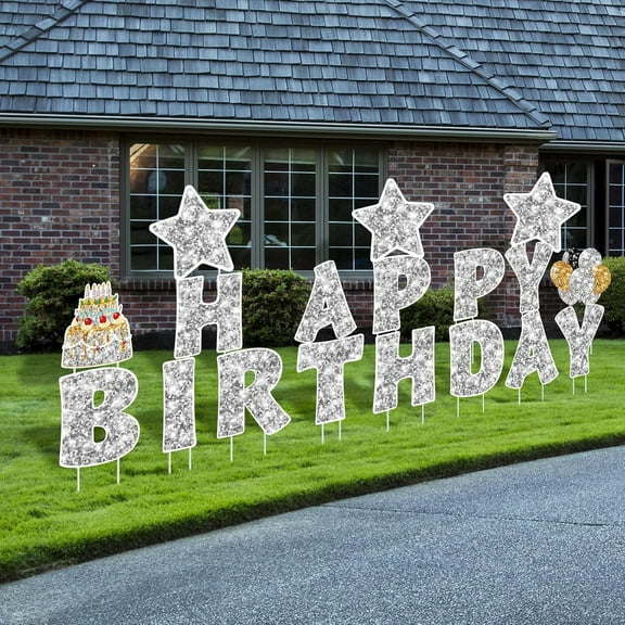 18 Pieces Happy Birthday Yard Signs with Stakes, 16 Inches Birthday Outdoor Lawn Signs, Cake Balloon Patio Decorations, Garden Lawn Decorations for Party Outdoor Decor