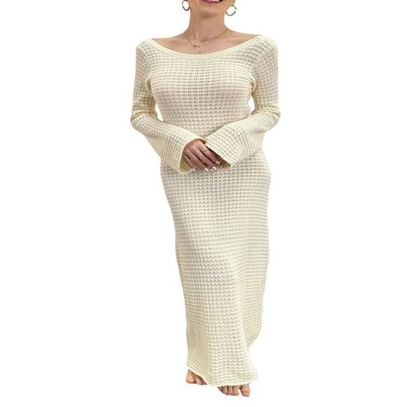 Women Crochet Knit Dress Long Sleeve Backless Bodycon Maxi Dress Hollow Out Cover Up
