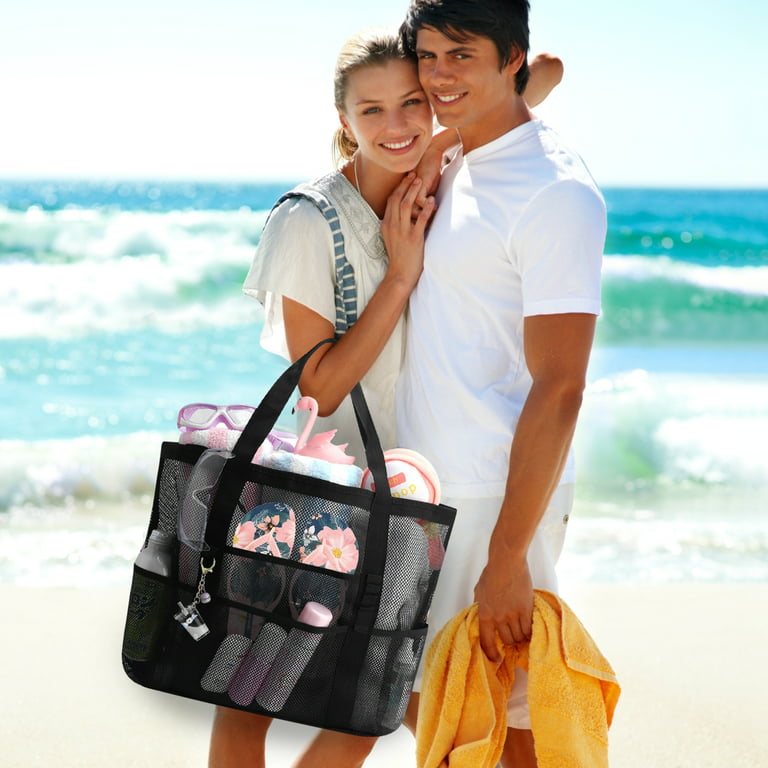 Mesh Beach Bag, TSV Large Mesh Beach Tote Bag with 9 Pockets, Swimming Travel Tote Bag, Foldable Beach Duffle Bag, Black, Adult Unisex