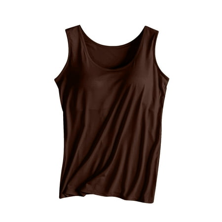 AKOEE Modal Cotton Tank Tops for Women with Shelf Bra Sleeveless Wide Strap Layer Padded Camisole Yoga Top S-4XL (Small  Brown)