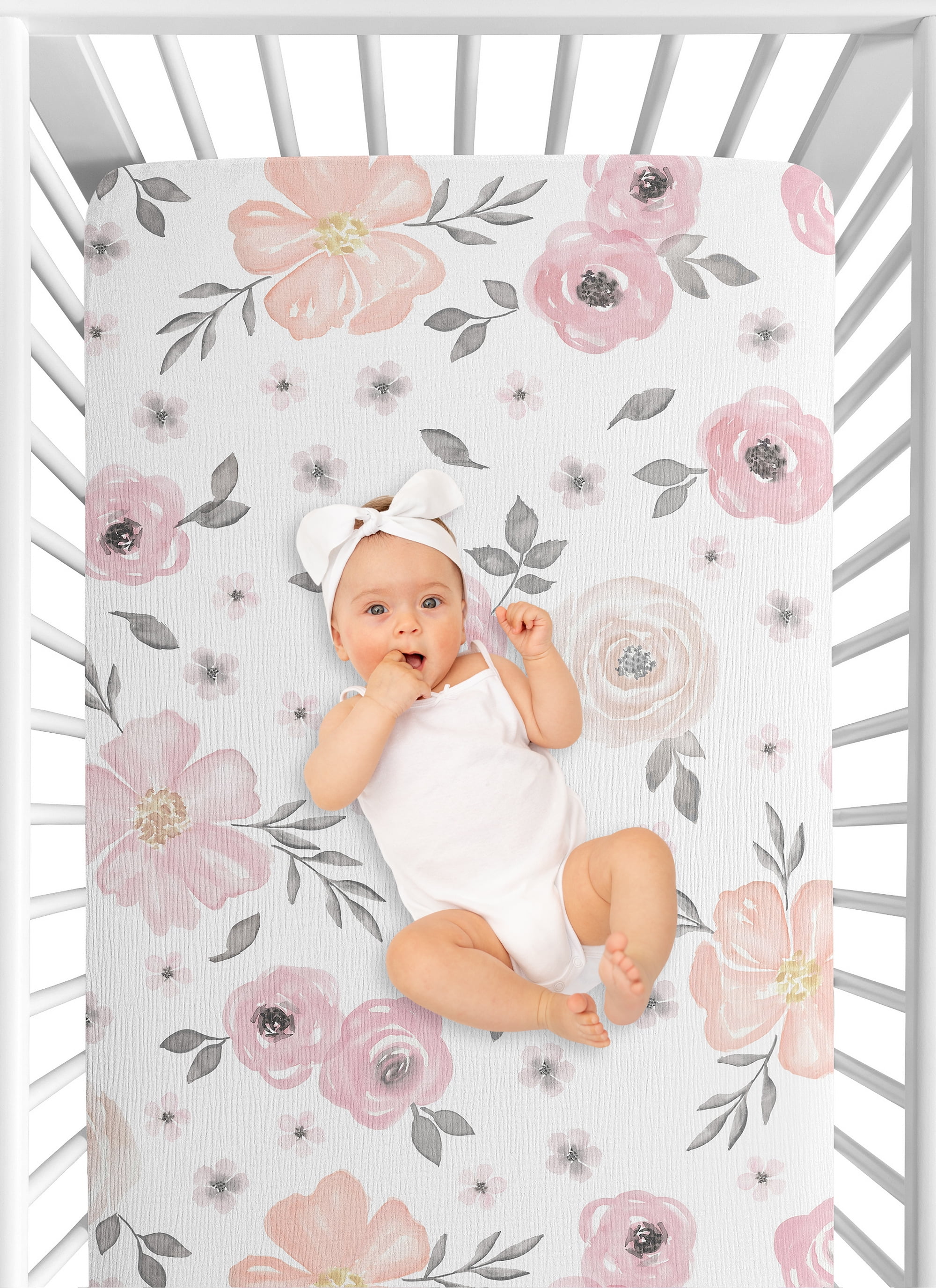 Sweet Jojo Designs Watercolor Floral Pink and Grey Girl 100% Cotton Muslin Fitted Crib Sheet