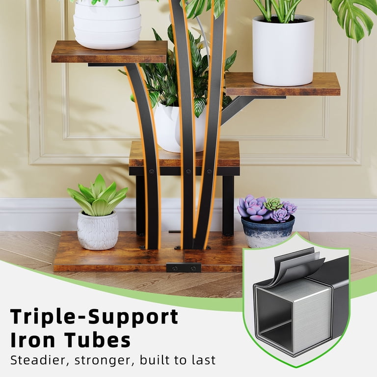 Biemlerfn Indoor Plant Stand with Grow Lights, 8-Tiered Plant Shelf, 63" Metal Plant Rack for Living Room, Garden, Patio or Balcony, Brown