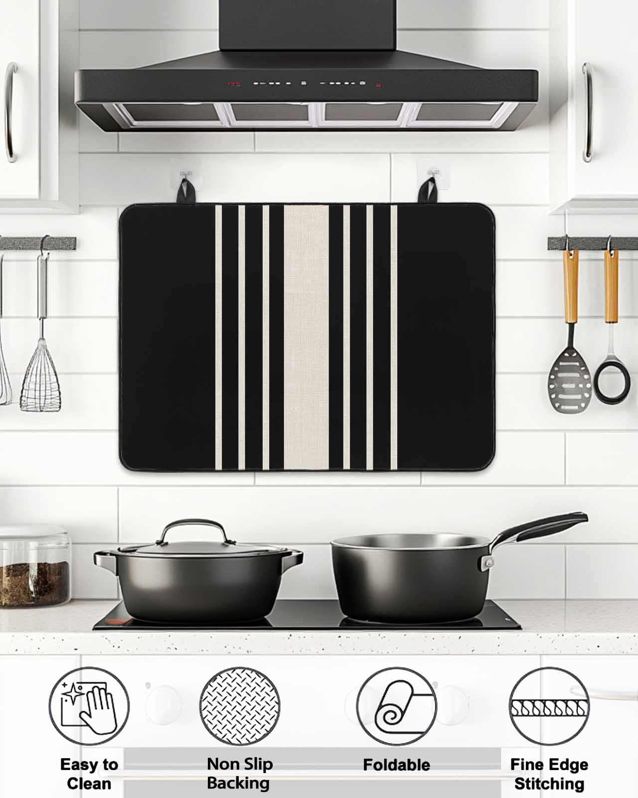 Stove Top Covers for Electric Stove, Black Beige Striped Glass Stovetop Cover Protector, Modern Farmhouse Retro Lines Induction Cooktop Protector Oven Mat for Kitchen Countertop 24"x21"
