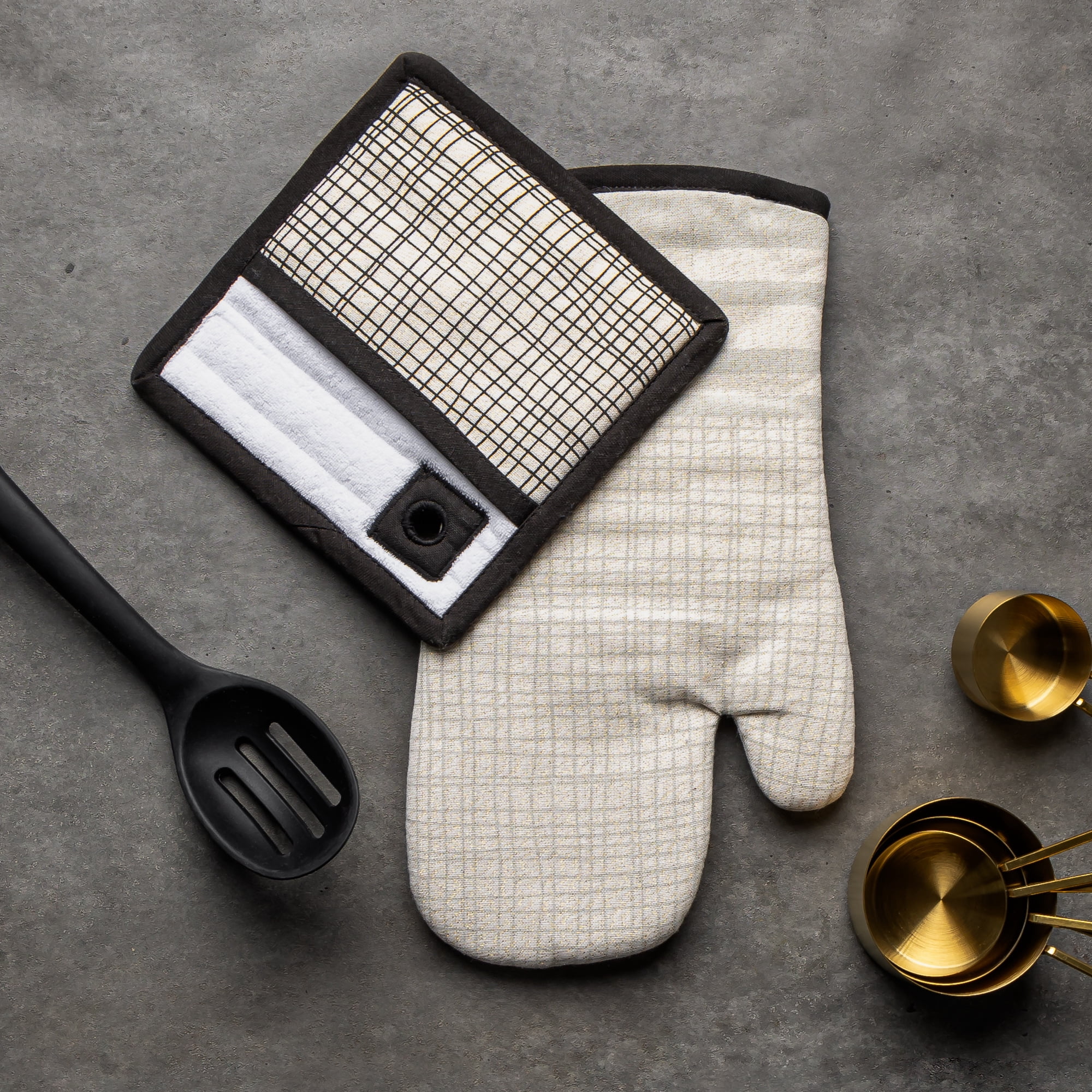 Thyme & Table Oven Mitt and Potholder Set, Cream & Black Crosshatch, 2-Piece Set