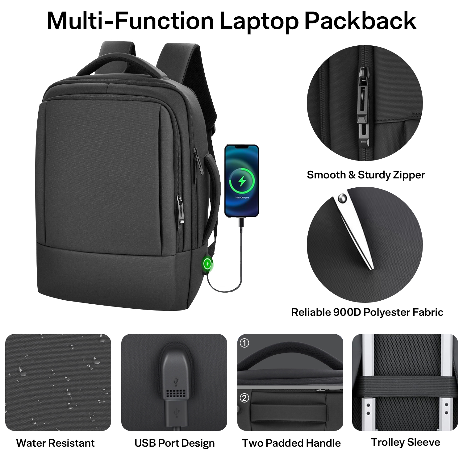 Aisboks 36L Expandable 17.3'' Laptop Backpack,Carry On Business Travel Backpack for Men and Women, Premuim Weekender Luggage Bag with USB Charging Port, Black