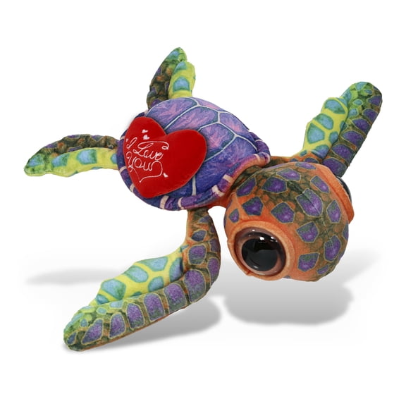 DolliBu I Love You Plush Wild Collection Colorful Sea Turtle - Cute Stuffed Animal Sea Turtle with Red Heart Plush for Valentines, Anniversary, Romantic Date, Boyfriend, or Girlfriend Gift - 10 Inches