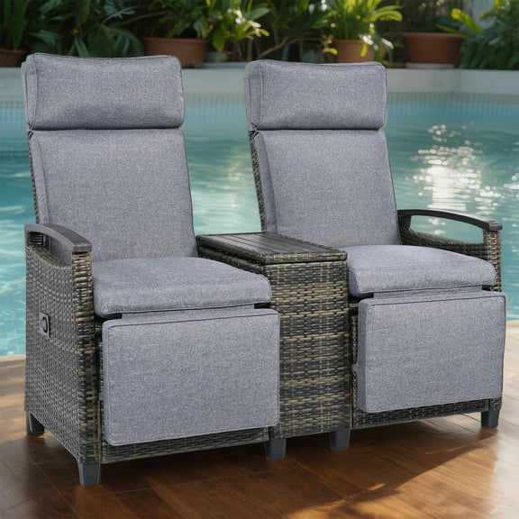YIYADO Recliner Loveseat Chair, Outdoor Adjustable Backrest Wicker Lounge Chair with Armrests and Storage Table for Balcony, Porch, Lawn - Gray
