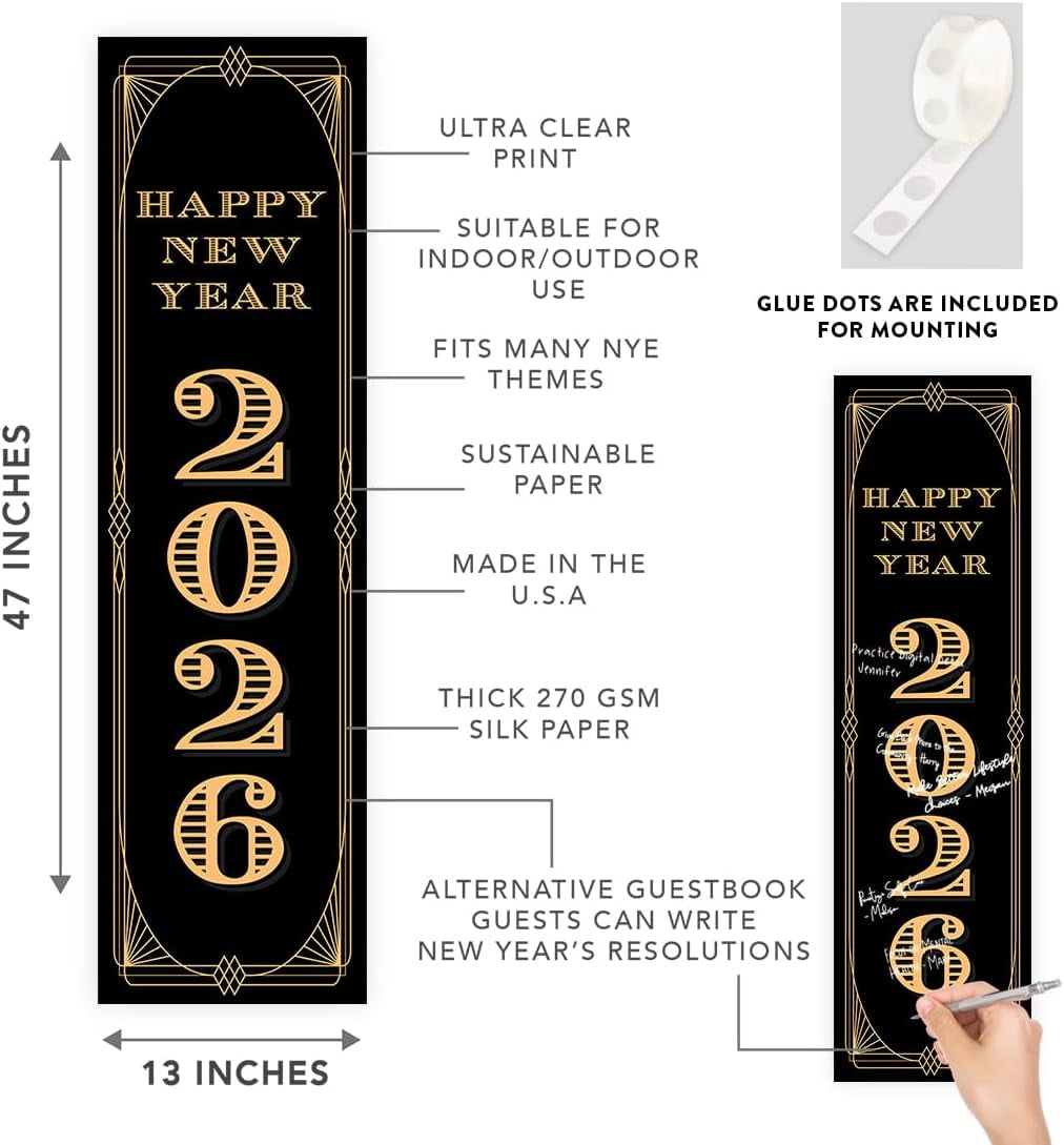 Feliz Año Nuevo 2025 Banner - 47x13 Inch Spanish New Year Backdrop With Black Gold Confetti Glitter Design, Party Decorations