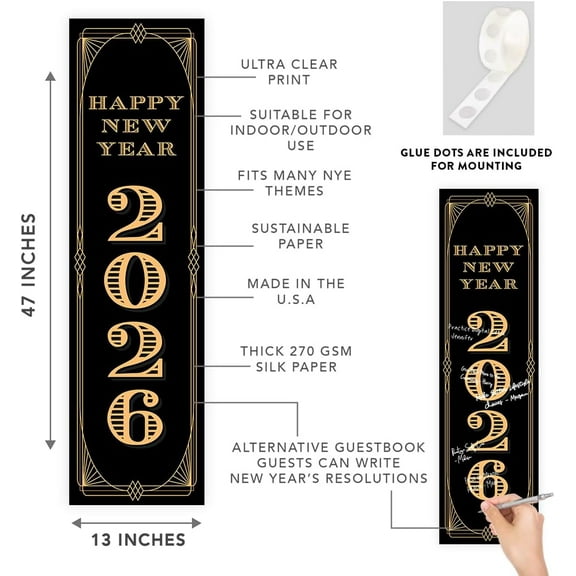 Koyal Wholesale 47x13 Happy New Year Banner Vertical Black Gold Gatsby Art Deco Décor