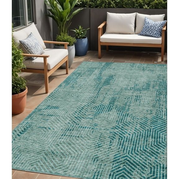 HomeRoots 594588 5 x 8 ft. Teal Blue & Gray Geometric Washable Indoor & Outdoor Rectangle Area Rug