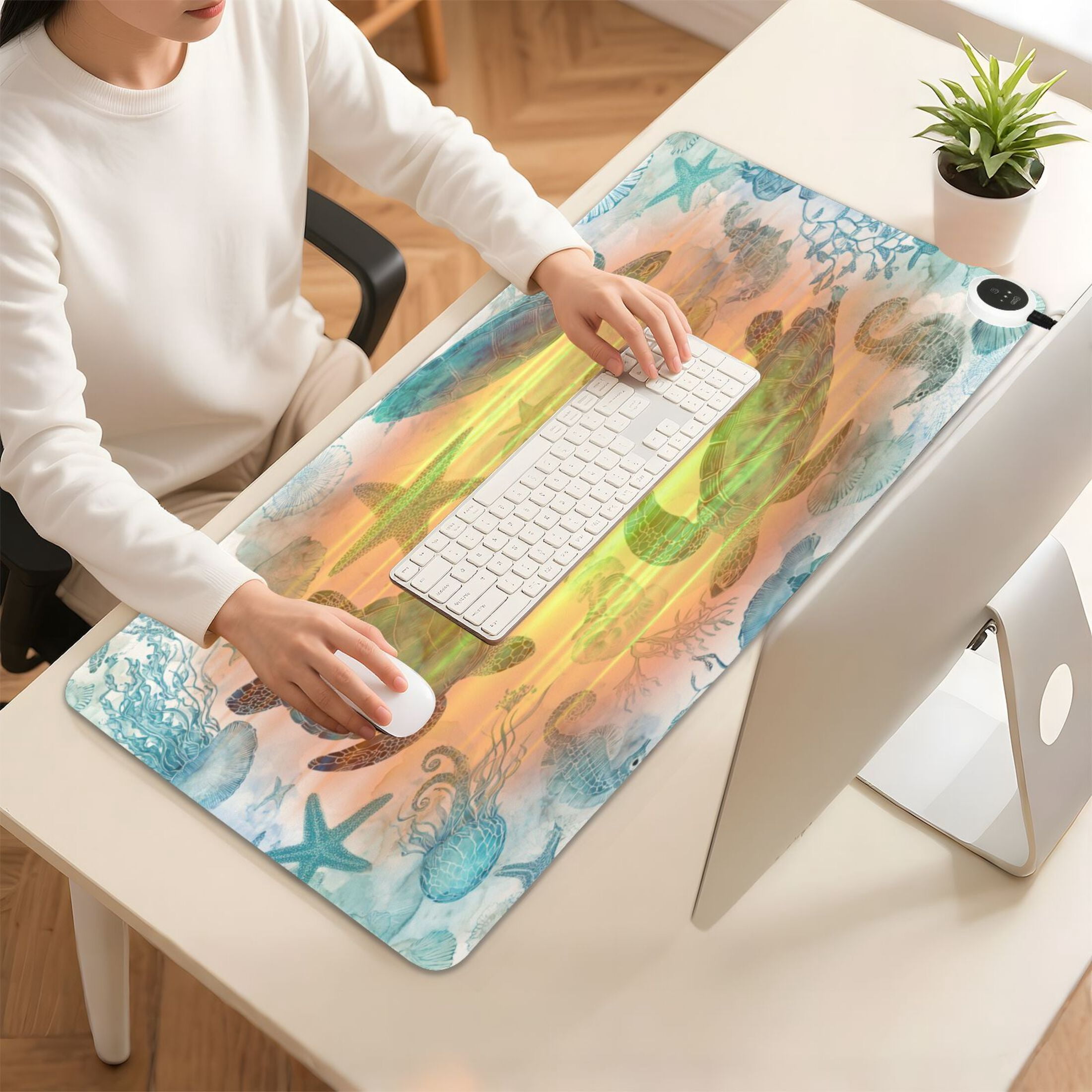 Large Heated Desk Mat Mouse Pad 31.5"x13"PU Leather Graphene Heating Desk Warmer with 3 Temperature Settings 110V US Plug Non-Slip Warm Pad for Home, Office, and Gaming Green Adorable Sea Creatures