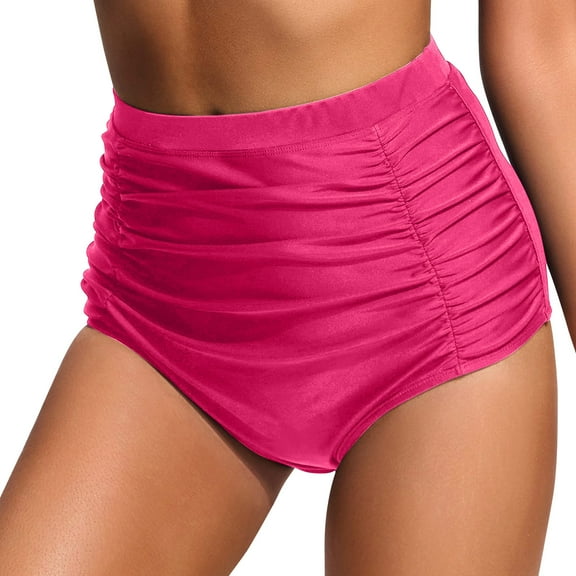 Linfrsh Women Mid Rise Bikini Bottoms Full Coverage Swimsuit Ruched Swim Bottom Hot Pink,M