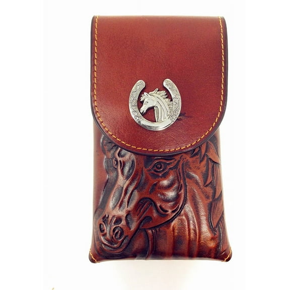 Western Cowboy Medium Size Genuine Leather Horse Head Smartphone Galaxy Iphone Holder Holster Cellphone Case