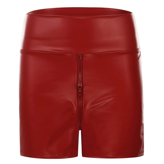 MIXUE Shorts For Women Summer Pc Leather Solid Color High Waist Zipper Fashion Nightclub Shorts Daily-Wear,Red,XS
