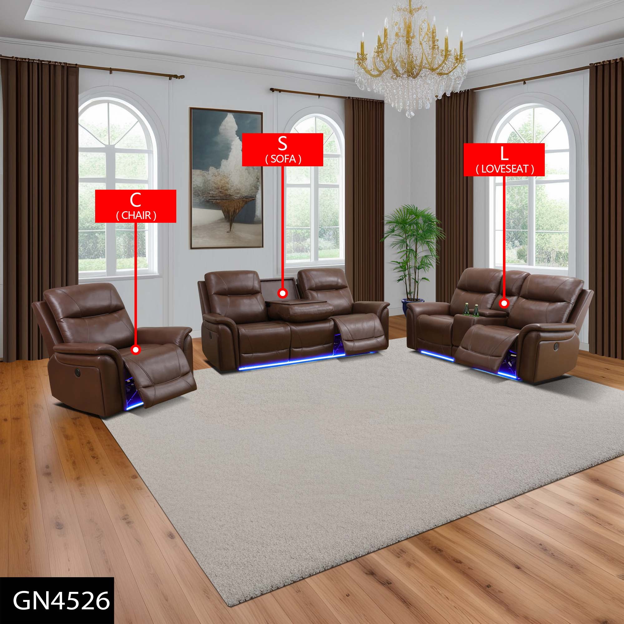 Gewnee Air Leather Power Recliner Sectional , Loverseat and Sofa Couch with LED, USB Port&Cup Holder for Living Room
