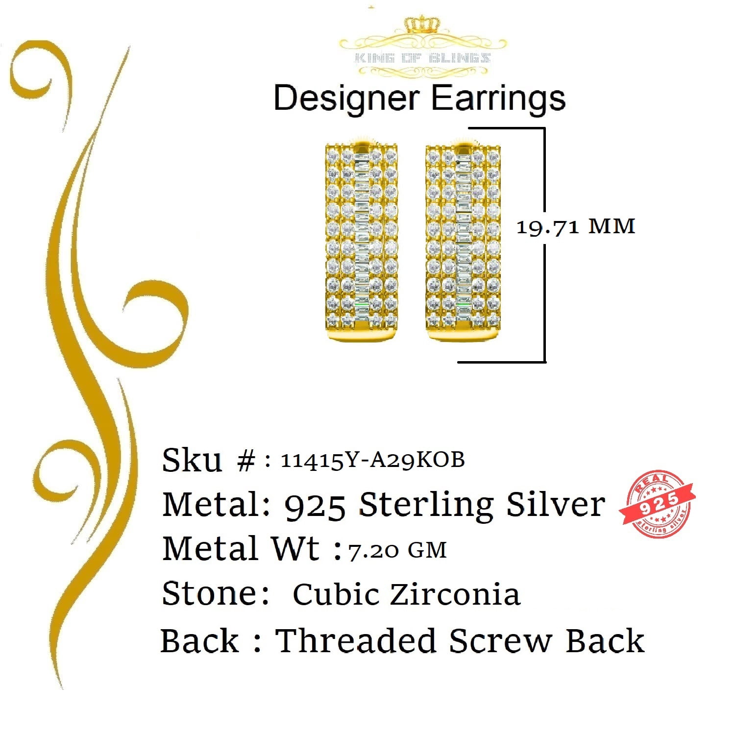 King of Bling's 925 Yellow Silver Stud 5.48ct Cubic Zirconia Baguette Screw Back Women's Earring