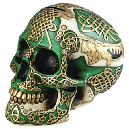 - Figurine Celtic Lion Skull Bank Hand Painted Resin 6411
