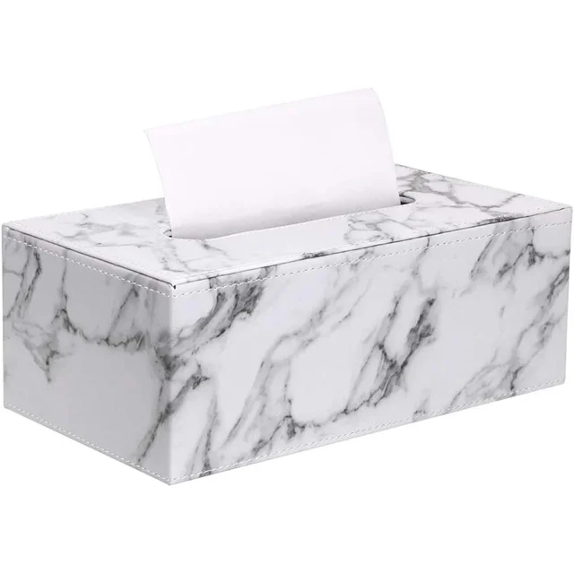 Elegante porta pañuelos de piel sintética, porta servilletas rectangular, dispensador de papel higiénico, porta pañuelos faciales, color blanco mármol