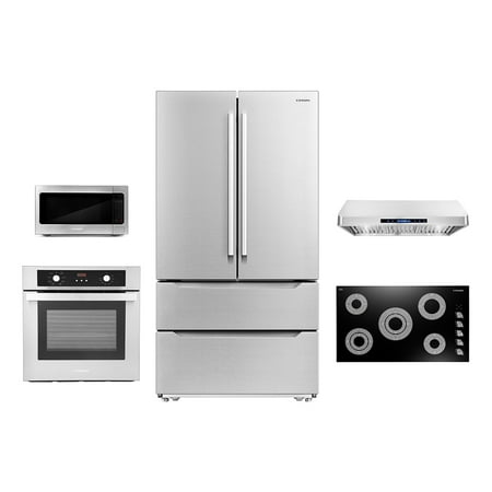 Cosmo 5 Piece Kitchen Appliance Package With 36  Electric Cooktop 36  Under Cabinet Range Hood 30  Single Electric Wall Oven 24.4  Countertop Microwave &amp; French Door Refrigerator
