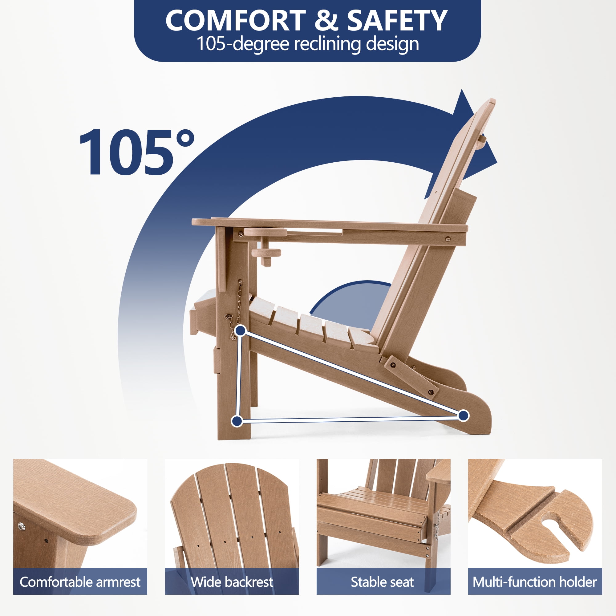 ENYLAY Folding Adirondack Chair with Dual Cup Holders & Phone Holder, All-Weather HDPE Fire Pit Chairs for Outdoor, Patio, Poolside, Garden(Brown)