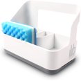 thumbnail image 1 of Organizador de fregadero con separadores de compartimentos ajustables y bandeja de drenaje para goteo. Diseño delgado de plástico blanco. Para lavar platos, guardar cepillos y estropajos. Apto para, 1 of 7