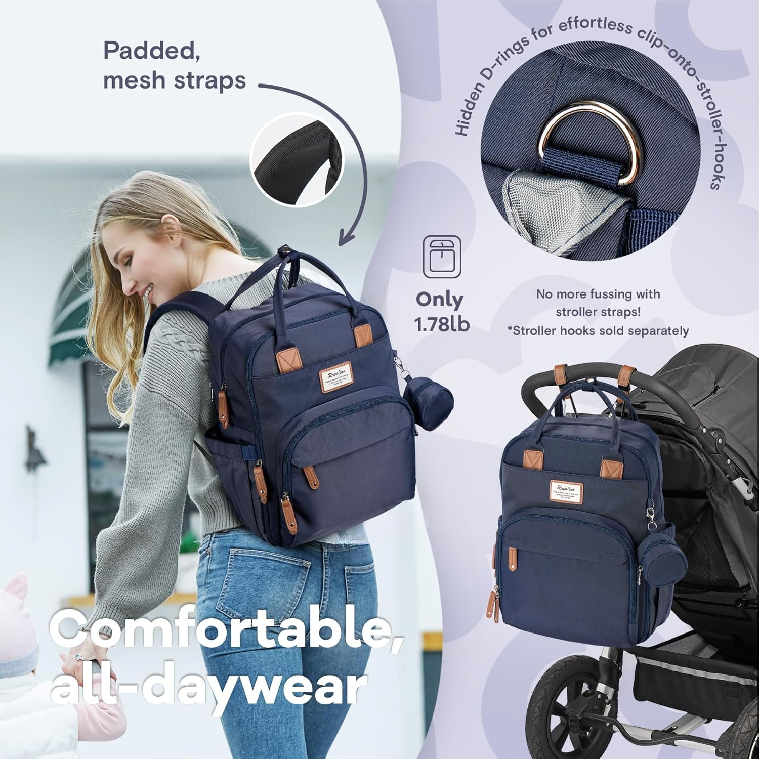 Ruvalino Baby Diaper Bag Backpack, Multifunction Waterproof Travel Bag with Insulated Bottle Holders, Durable Fabric and Changing Pad, Navy Blue