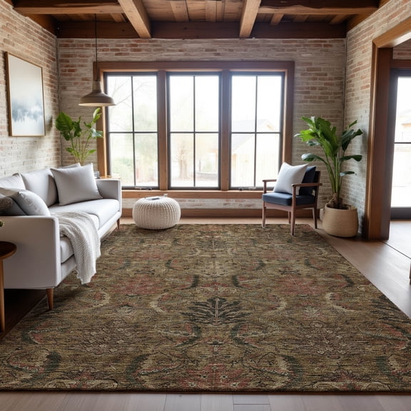 Addison Rugs Mayfield Premium Machine Washable Transitional Damask Brown Rectangle Rug, 10' x 14'