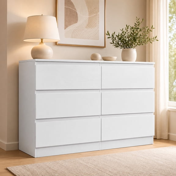 Miniyam 6 Drawer Dresser, Waterproof Wood Storage Cabinet, Modern Minimalist for Adults, White