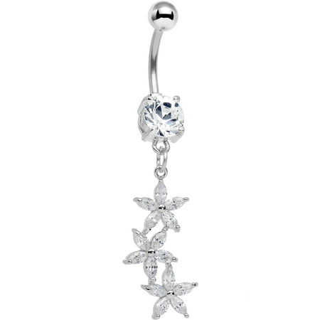 Butterfly Flower Dangle Belly Ring - Body Candy Stainless Steel Clear Accent Triple Flower Shower Dangle Belly Ring
