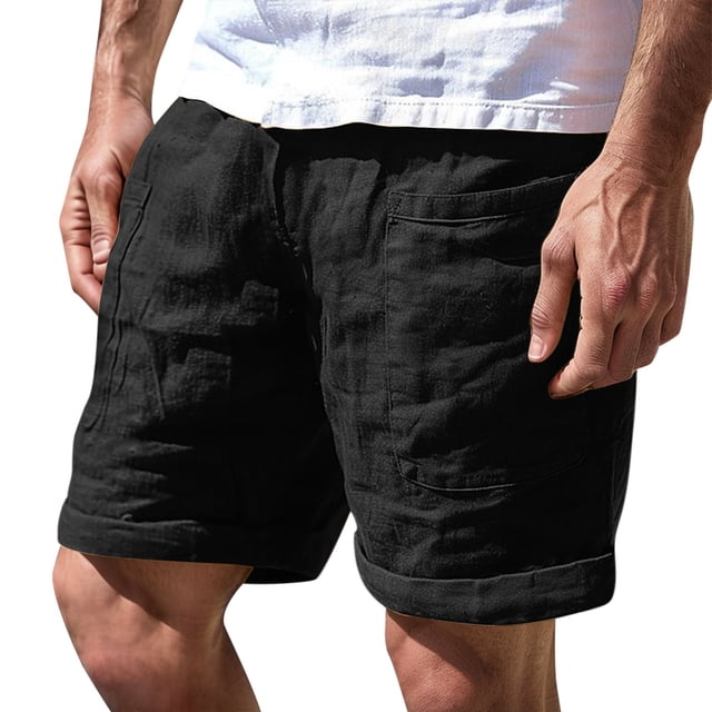 Men Workout Shorts Mid Waist Cargo Solid Splice Pocket Drawstring Shorts Solid Color Loose Shorts Men Athletic Black M