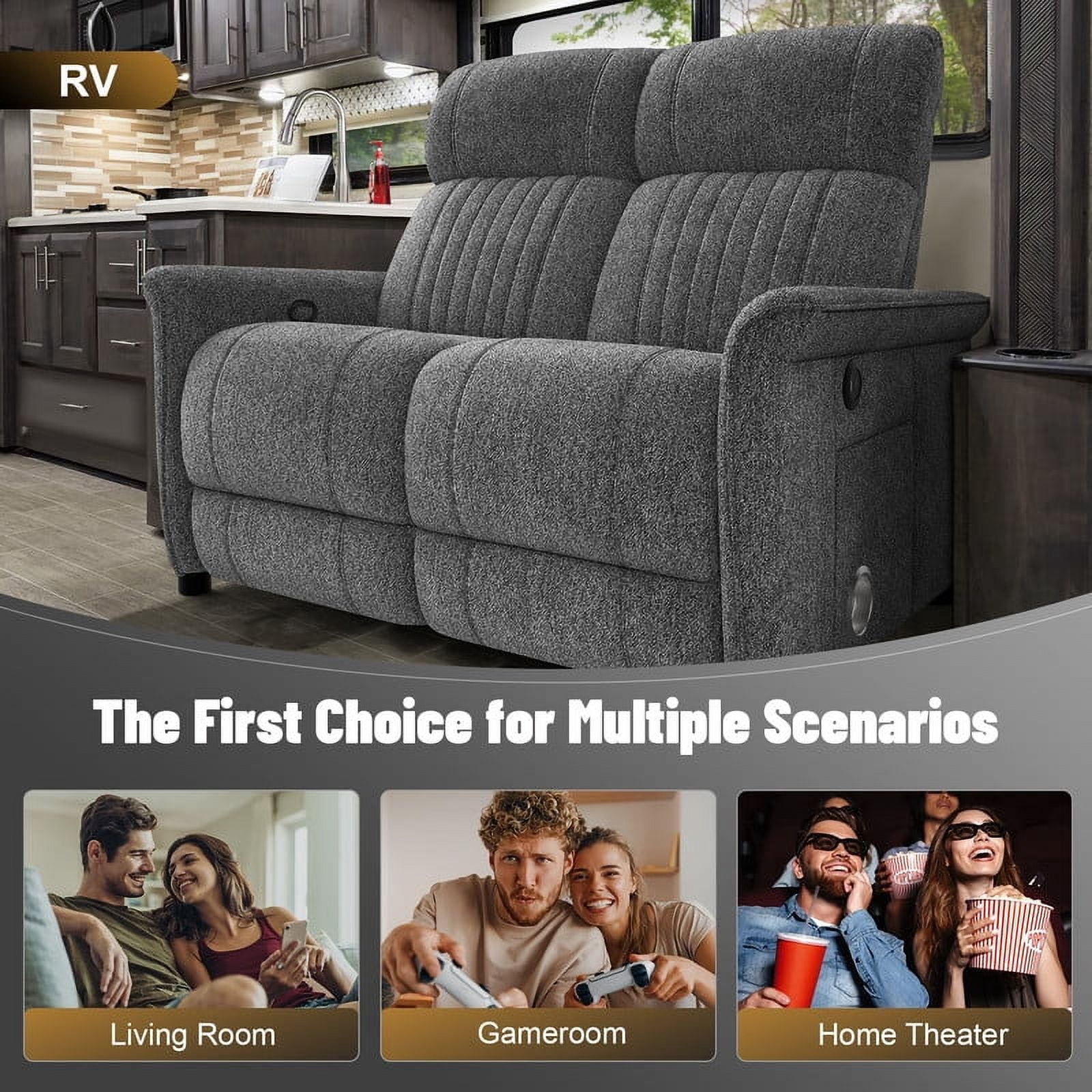 Loberfve Recliner Sofa, RV Reclining Loveseat with 2 Folding Side Table and Cup Holders, Manual Modern Loveseat Recliner Sofa with USB Ports, Gray