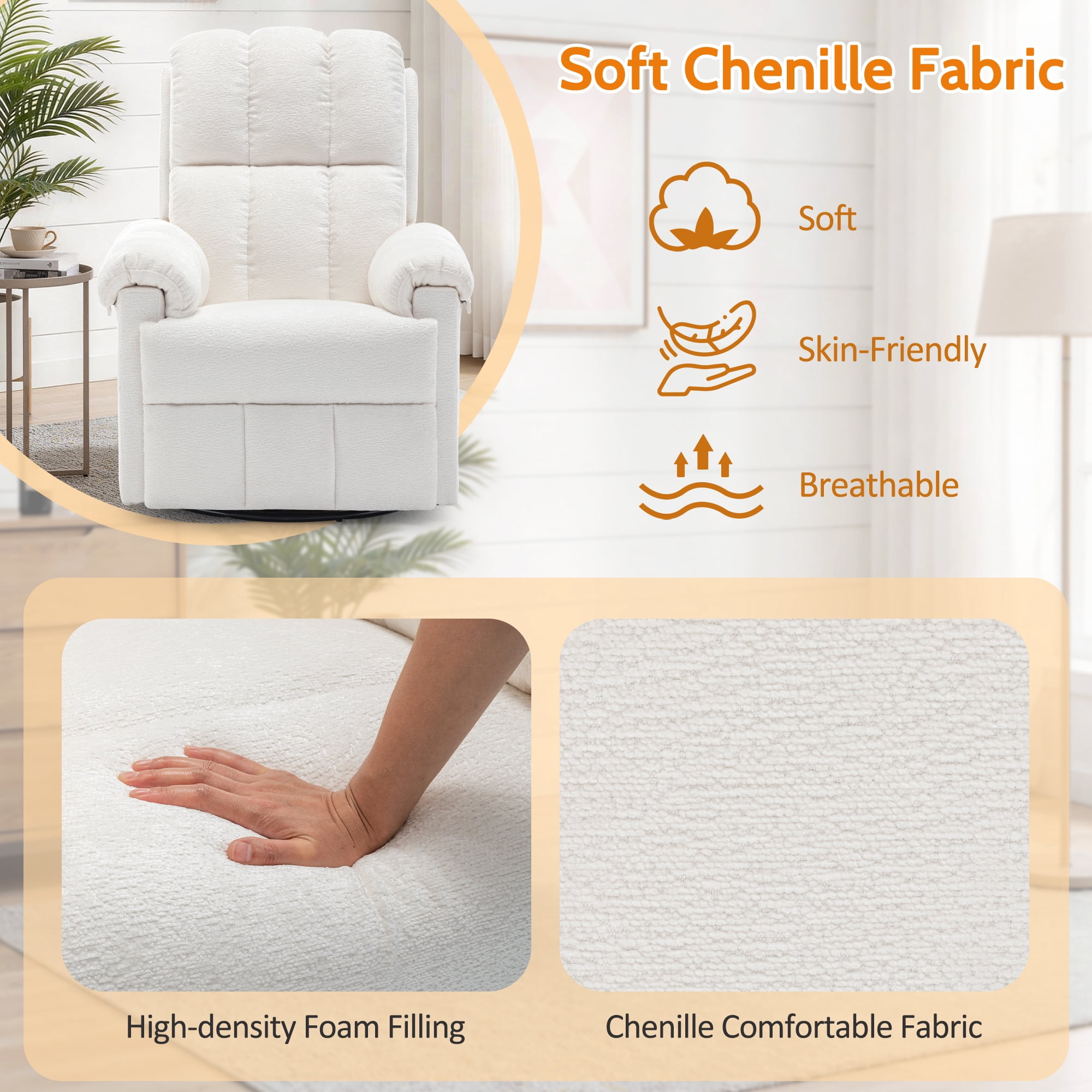 Korser Small Recliners for Small Spaces,Swivel Rocker Recliner Chair with Side Pockets for Living Room,Beige
