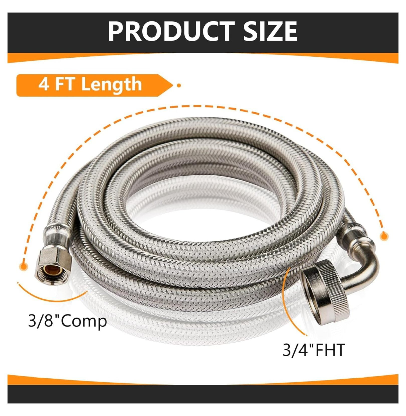 10-Pack 4 Feet Stainless Steel Dishwasher Hose with 90 Degree FGH Elbow, 3/8" Comp x 3/4・FHT Water Supply Line (4 Ft)(HOSE010-10)